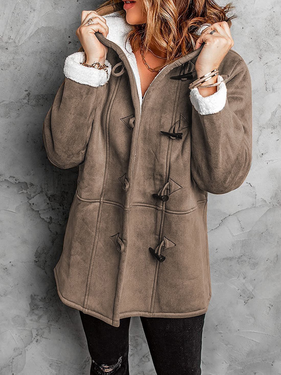 Women's Coats Horn Button Hooded Mid-Length Coat - Coats & Jackets - INS | Online Fashion Free Shipping Clothing, Dresses, Tops, Shoes - 20/11/2021 - 40-50 - COA2111201323