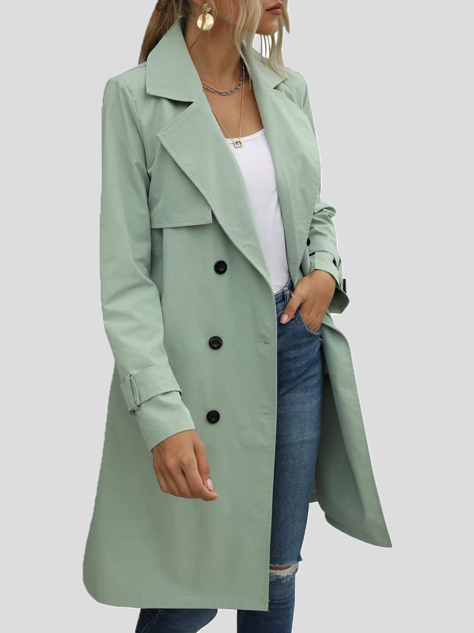 Women's Coats Lapel Button Belt Long Trench Coat - Coats & Jackets - Instastyled | Online Fashion Free Shipping Clothing, Dresses, Tops, Shoes - 22/12/2021 - COA2112231371 - Coats & Jackets