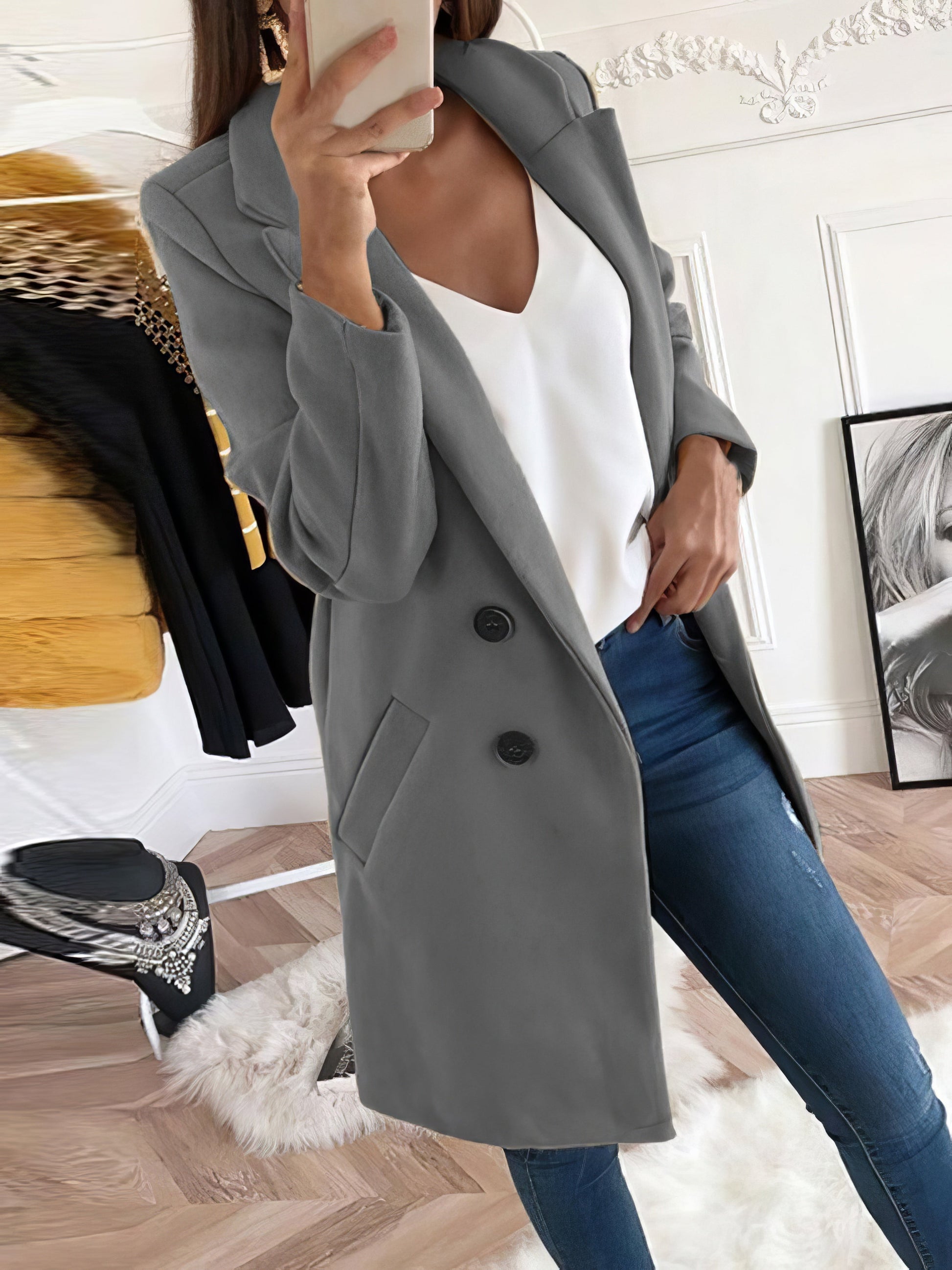Coats Women's Coats Lapel Mid-Length Double-Breasted Woolen Coat MsDressly