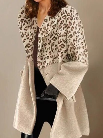Women's Coats Leopard Panel Lapel Long Sleeve Coat - MsDressly