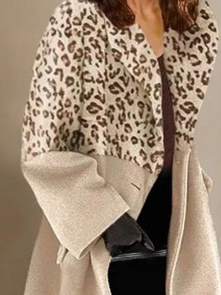 Women's Coats Leopard Panel Lapel Long Sleeve Coat - MsDressly