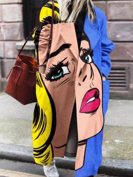 Women's Coats Long Sleeve Lapel Anime Face Print Woolen Coat - Coats & Jackets - INS | Online Fashion Free Shipping Clothing, Dresses, Tops, Shoes - 19/10/2021 - Coats & Jackets - color-blue