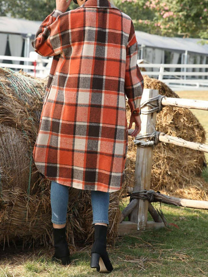 Women's Coats Long Sleeve Side Slit Lapel Woolen Plaid Shirt Long Coat - Coats & Jackets - INS | Online Fashion Free Shipping Clothing, Dresses, Tops, Shoes - 08/10/2021 - 40-50 - COA2110081195