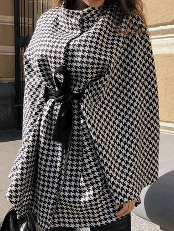 Women's Coats Loose Houndstooth Lace-Up Cape Wool Coat - Coats - Instastyled | Online Fashion Free Shipping Clothing, Dresses, Tops, Shoes - 13/09/2022 - 40-50 - Coats