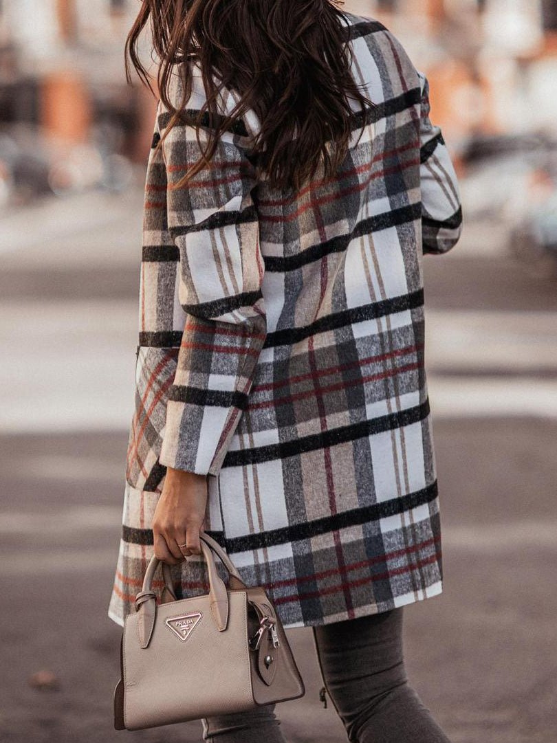 Coats - Loose Lapel Check Pocket Woolen Coat - MsDressly