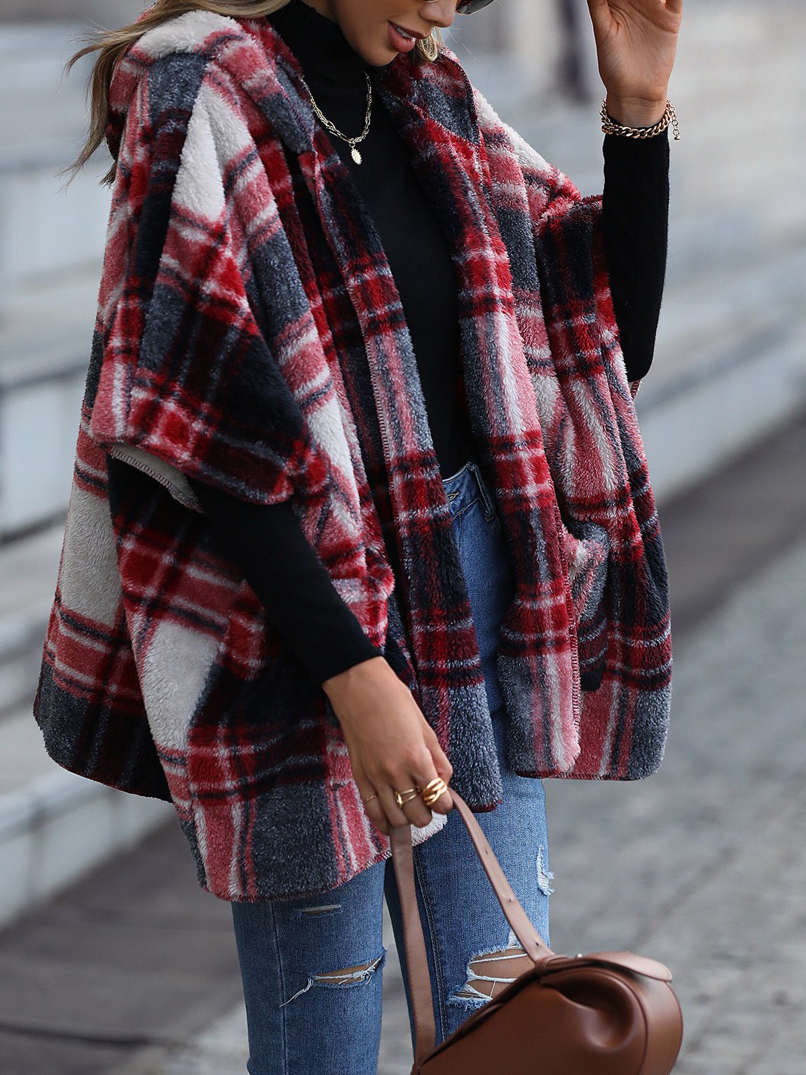 Women's Coats Loose Plush Check Hooded Half Sleeve Coats - Coats - Instastyled | Online Fashion Free Shipping Clothing, Dresses, Tops, Shoes - 19/09/2022 - COA2209191426 - Coats