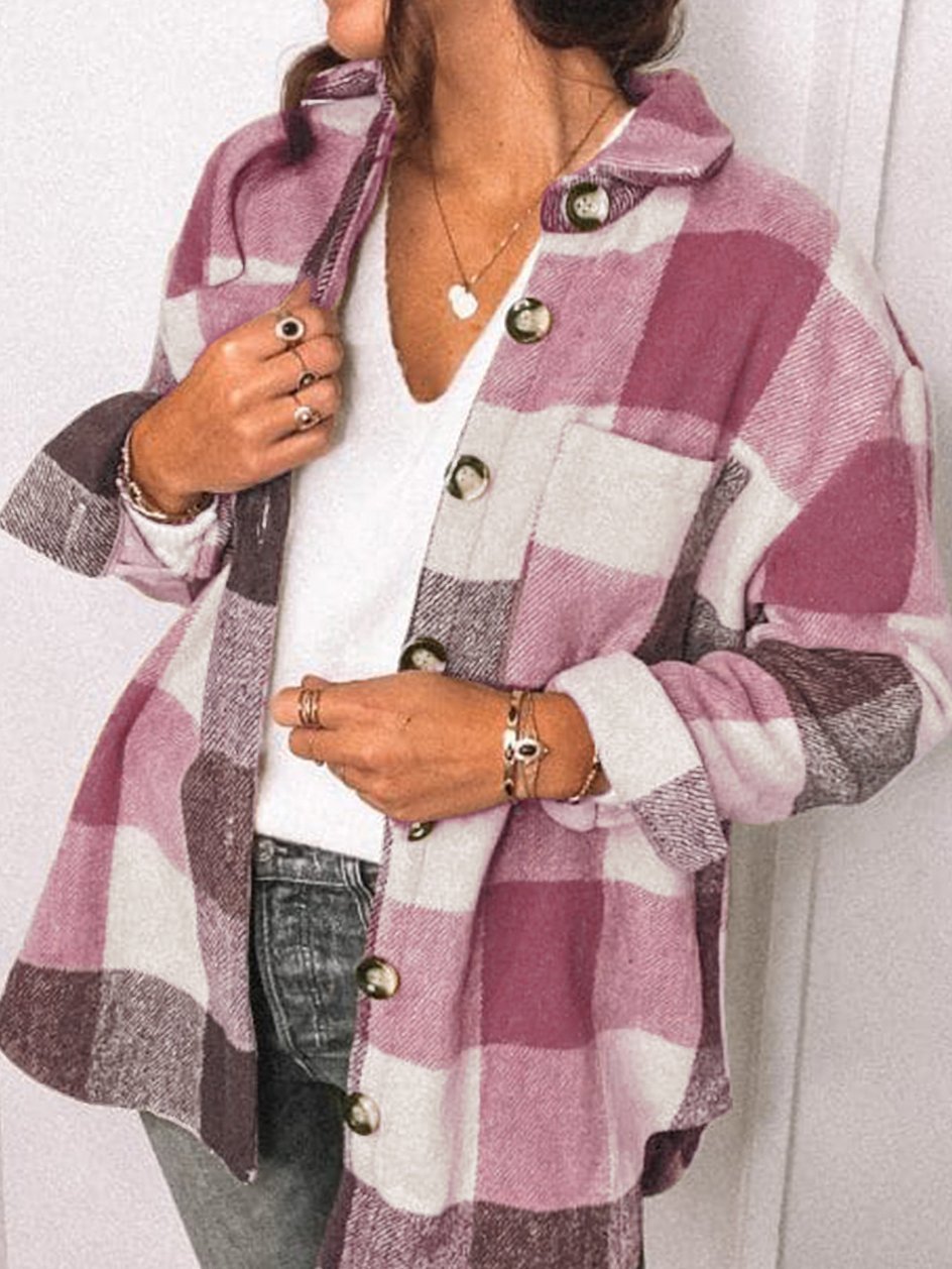 Women's Coats Plaid Pocket Button Long Sleeve Shirt Coat - Coats & Jackets - INS | Online Fashion Free Shipping Clothing, Dresses, Tops, Shoes - 18/10/2021 - 30-40 - COA2110181224