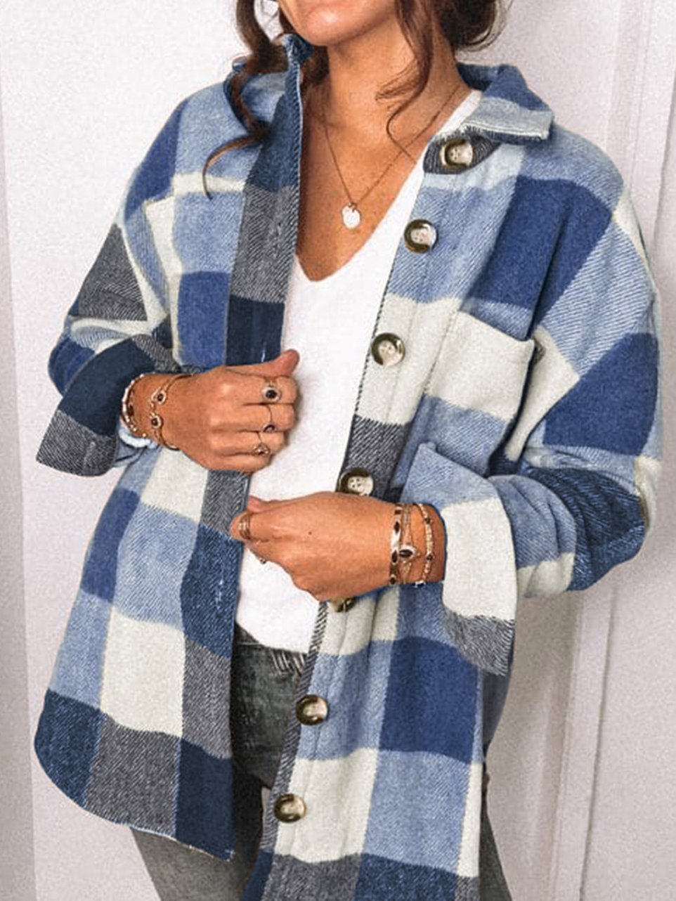 Women's Coats Plaid Pocket Button Long Sleeve Shirt Coat - Coats & Jackets - INS | Online Fashion Free Shipping Clothing, Dresses, Tops, Shoes - 18/10/2021 - 30-40 - COA2110181224