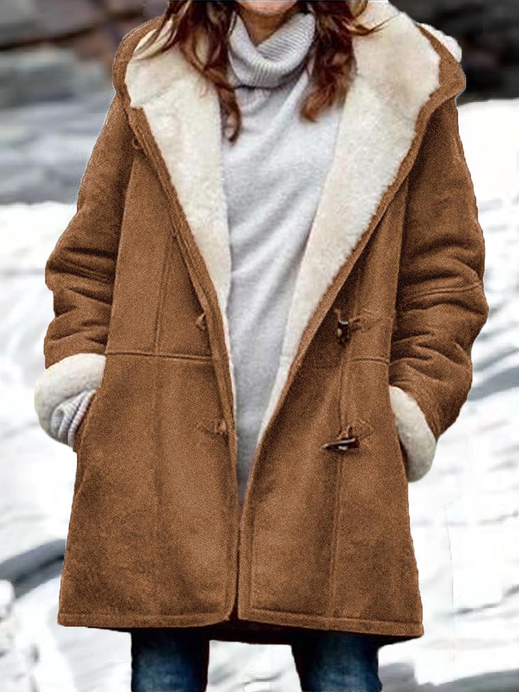 Women's Coats Plush Horn Button Pocket Hooded Long Sleeve Coats - Coats & Jackets - INS | Online Fashion Free Shipping Clothing, Dresses, Tops, Shoes - 27/10/2021 - 40-50 - COA2110271254