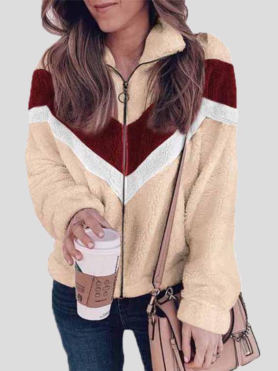 Women's Coats Plush Zipper Long Sleeve Contrast Coat - Coats & Jackets - INS | Online Fashion Free Shipping Clothing, Dresses, Tops, Shoes - 08/10/2021 - 20-30 - COA2110081193