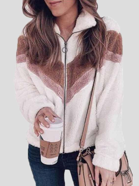 Women's Coats Plush Zipper Long Sleeve Contrast Coat - Coats & Jackets - INS | Online Fashion Free Shipping Clothing, Dresses, Tops, Shoes - 08/10/2021 - 20-30 - COA2110081193