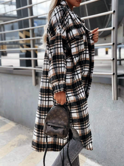 Women's Coats Pocket Button Plaid Shirt Long Coat - Coats & Jackets - INS | Online Fashion Free Shipping Clothing, Dresses, Tops, Shoes - 29/09/2021 - 30-40 - COA2109291182