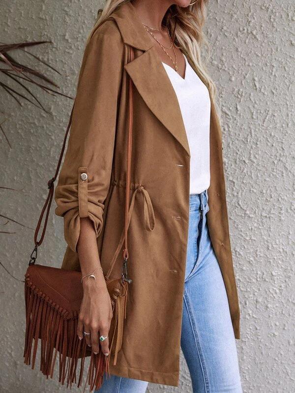 Women's Coats Solid Drawstring Button Lapel Mid-Length Trench Coat - Coats & Jackets - Instastyled | Online Fashion Free Shipping Clothing, Dresses, Tops, Shoes - 14/12/2021 - COA2112141363 - Coats & Jackets