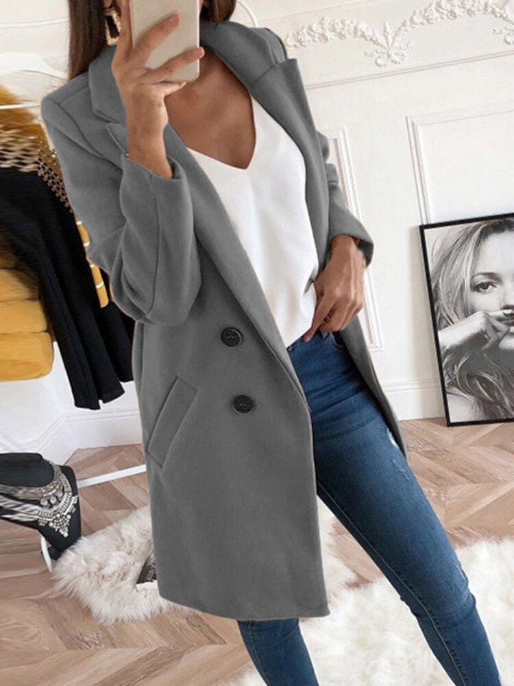 Women's Coats Solid Lapel Button Mid Length Wool Coat - Coats - Instastyled | Online Fashion Free Shipping Clothing, Dresses, Tops, Shoes - 27/08/2022 - 30-40 - COA2208271392