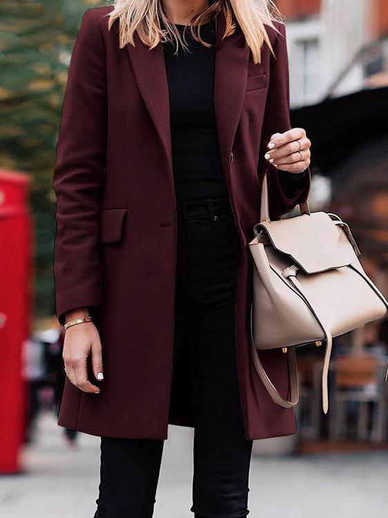 Women's Coats Solid Lapel Mid-Length Woolen Coat - Coats & Jackets - INS | Online Fashion Free Shipping Clothing, Dresses, Tops, Shoes - 12/11/2021 - 40-50 - COA2111121305