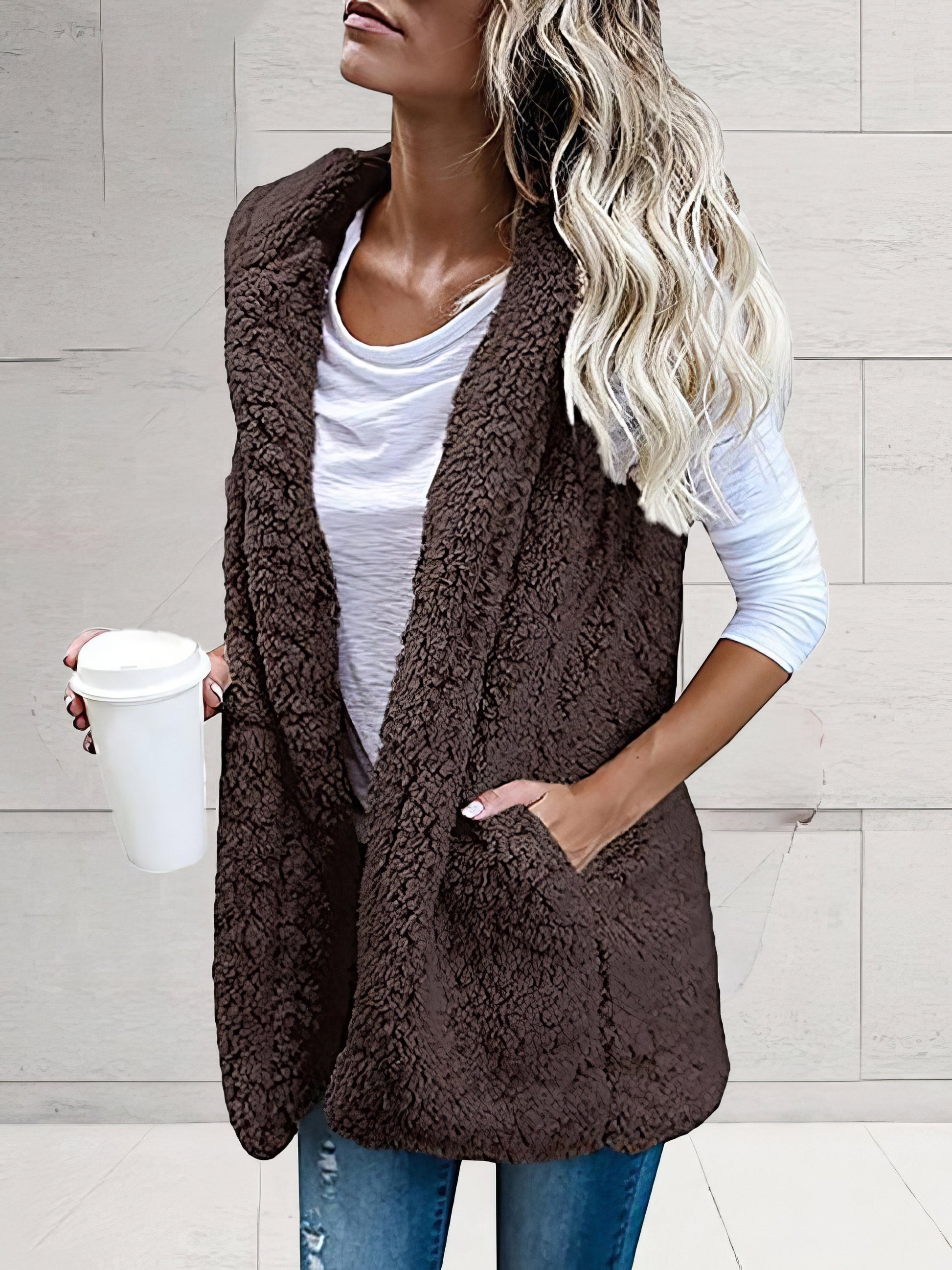 Coats - Solid Sleeveless Hooded Pocket Fur Vest - MsDressly