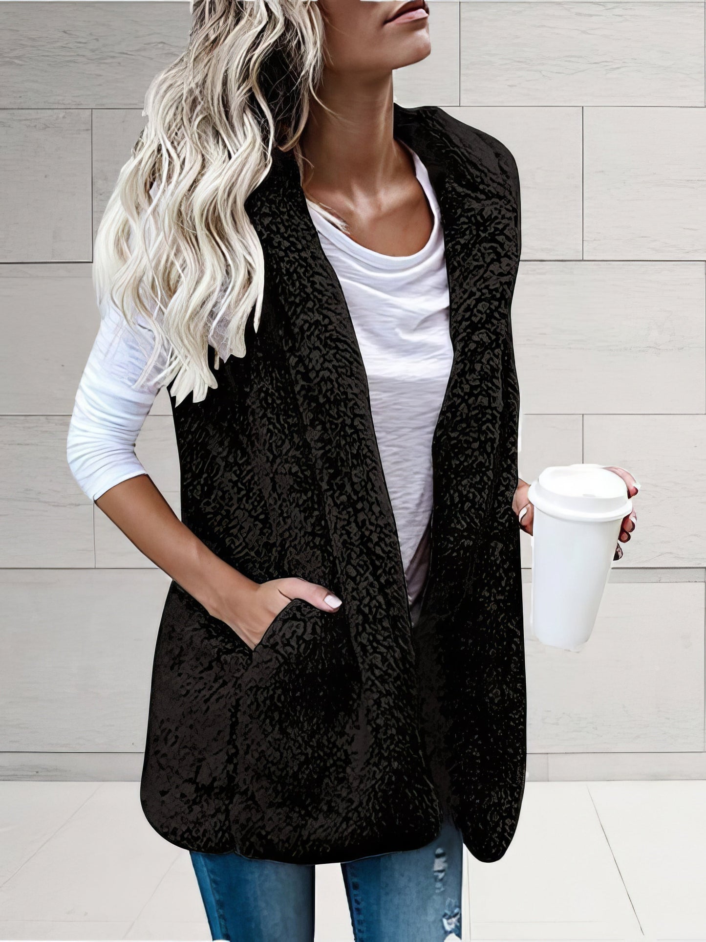 Coats - Solid Sleeveless Hooded Pocket Fur Vest - MsDressly