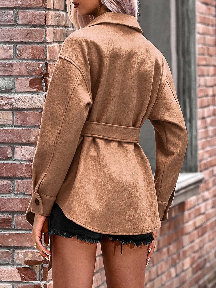 Women's Coats Woolen Strap Button Pocket Coat - MsDressly
