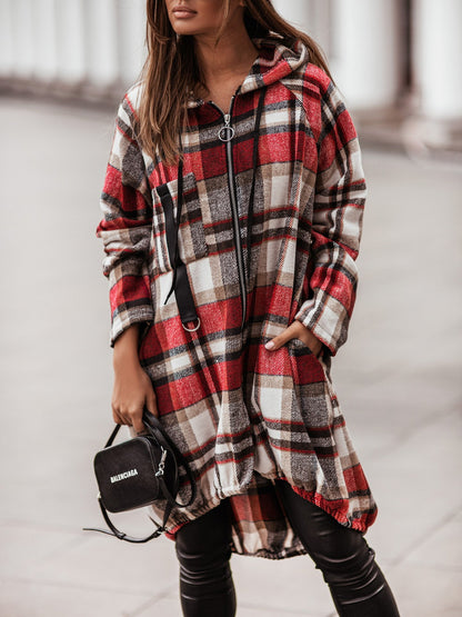 Women's Coats Zip Check Shirt Mid-Length Hooded Coat - Coats & Jackets - INS | Online Fashion Free Shipping Clothing, Dresses, Tops, Shoes - 02/11/2021 - 30-40 - COA2111021271