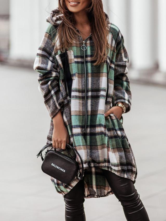 Women's Coats Zip Check Shirt Mid-Length Hooded Coat - Coats & Jackets - INS | Online Fashion Free Shipping Clothing, Dresses, Tops, Shoes - 02/11/2021 - 30-40 - COA2111021271