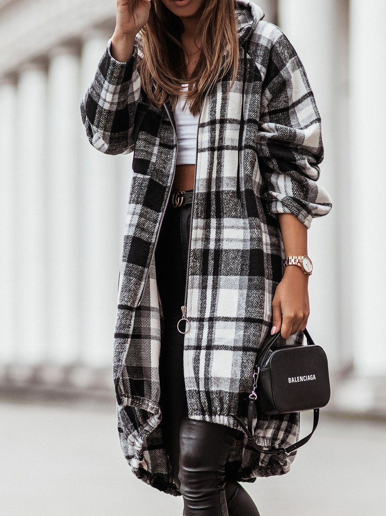 Women's Coats Zip Check Shirt Mid-Length Hooded Coat - Coats & Jackets - INS | Online Fashion Free Shipping Clothing, Dresses, Tops, Shoes - 02/11/2021 - 30-40 - COA2111021271