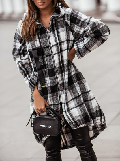 Women's Coats Zip Check Shirt Mid-Length Hooded Coat - Coats & Jackets - INS | Online Fashion Free Shipping Clothing, Dresses, Tops, Shoes - 02/11/2021 - 30-40 - COA2111021271