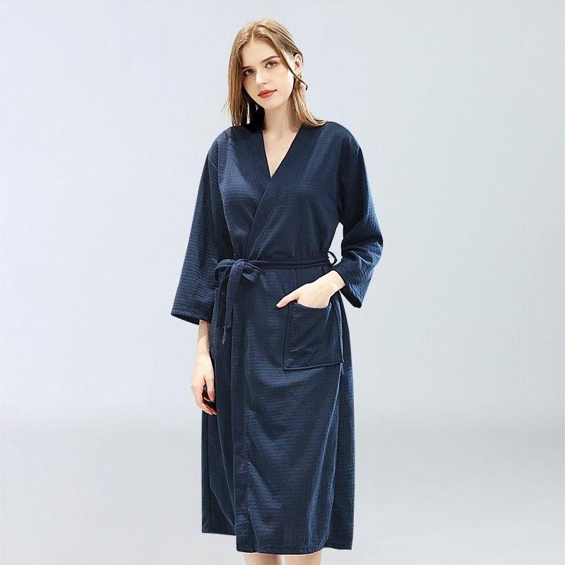 Women's Cotton Blend Terry Knee Length Spa Bath Robe - Robes - INS | Online Fashion Free Shipping Clothing, Dresses, Tops, Shoes - 03/03/2021 - Blue - Color_Blue