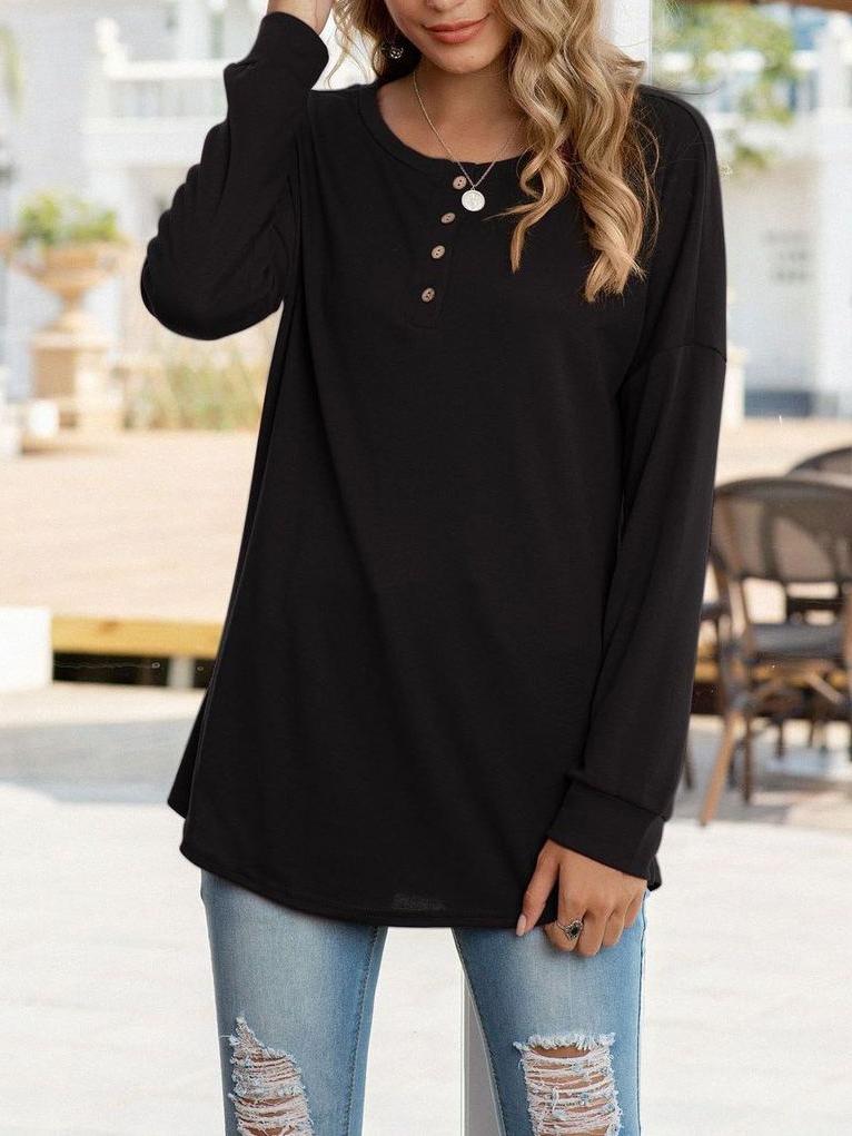 Women's Crewneck Buttoned T-shirt - T-Shirts - INS | Online Fashion Free Shipping Clothing, Dresses, Tops, Shoes - 2XL - Autumn - Black