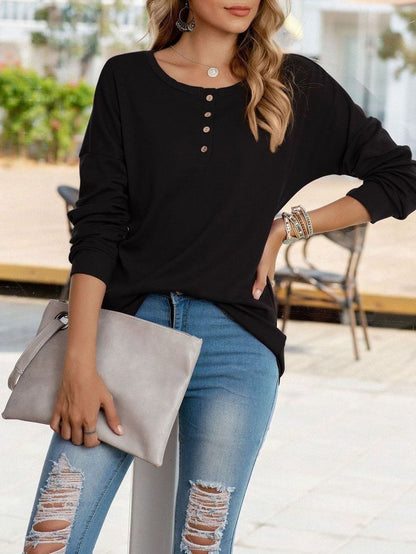 Women's Crewneck Buttoned T-shirt - T-Shirts - INS | Online Fashion Free Shipping Clothing, Dresses, Tops, Shoes - 2XL - Autumn - Black