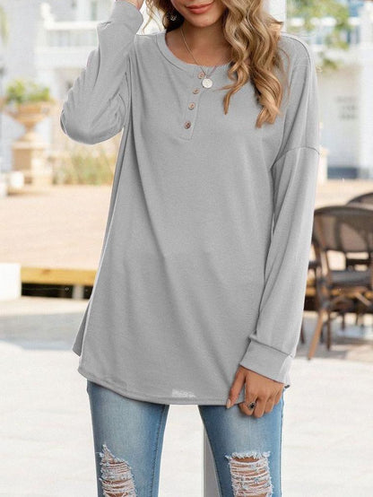 Women's Crewneck Buttoned T-shirt - T-Shirts - INS | Online Fashion Free Shipping Clothing, Dresses, Tops, Shoes - 2XL - Autumn - Black