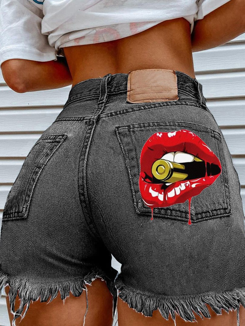 Women's Denim Shorts Casual Mouth Bite Bullet Print Denim Short - Denim Shorts - Instastyled | Online Fashion Free Shipping Clothing, Dresses, Tops, Shoes - 02/06/2022 - 30-40 - Bottoms