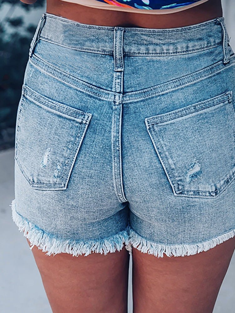 Women's Denim Shorts High Waist Ripped Single-Breasted Frayed Denim Shorts - Denim Shorts - Instastyled | Online Fashion Free Shipping Clothing, Dresses, Tops, Shoes - 10/06/2022 - Bottoms - Color_Blue