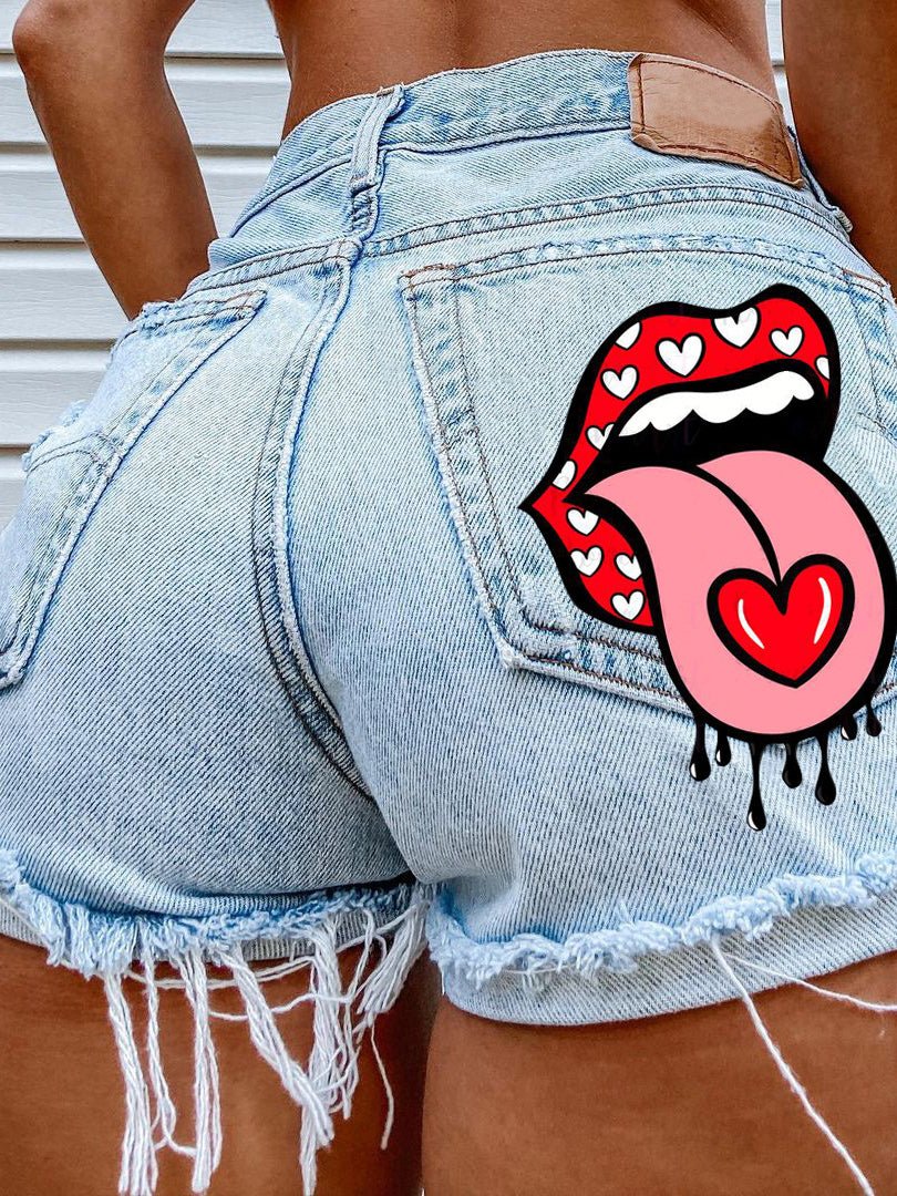 Women's Denim Shorts Mouth-Print Fringed Ripped Denim Shorts - Denim Shorts - Instastyled | Online Fashion Free Shipping Clothing, Dresses, Tops, Shoes - 10/02/2022 - 30-40 - Bottoms