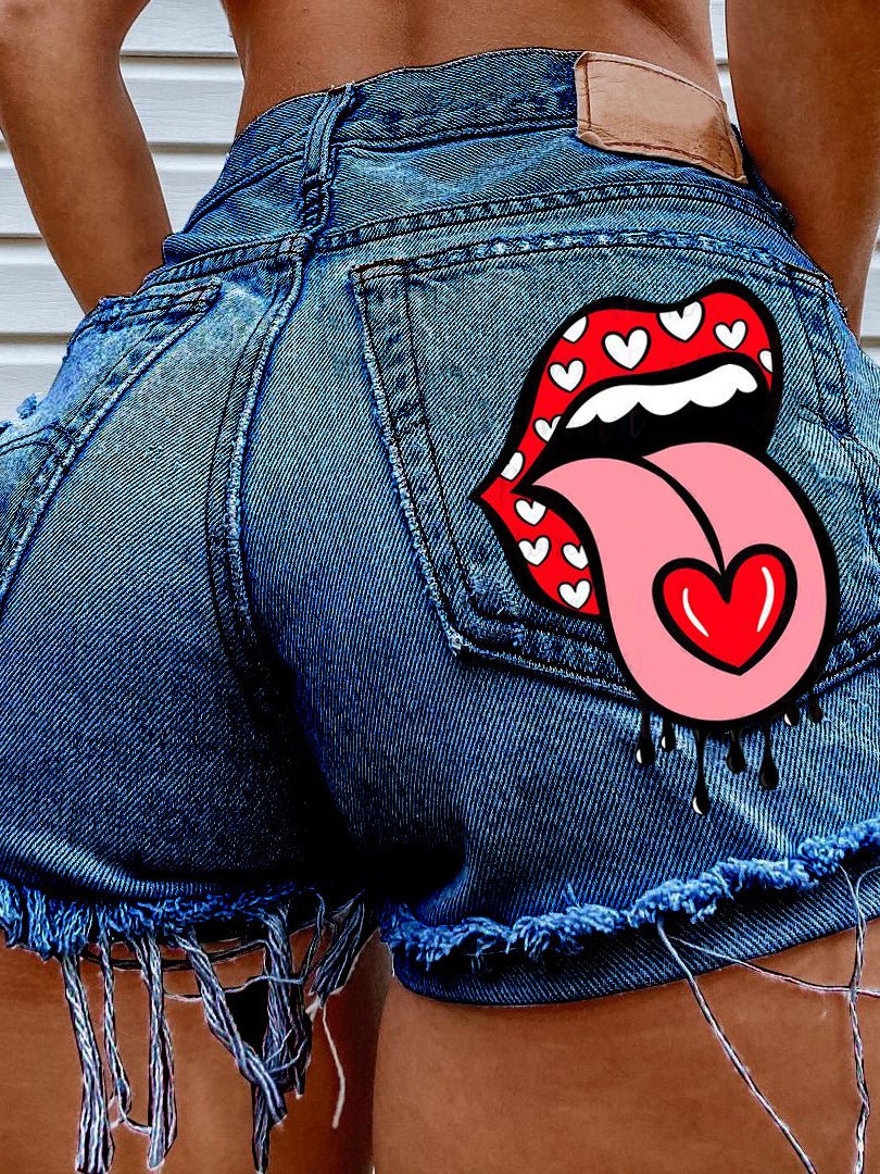 Women's Denim Shorts Mouth-Print Fringed Ripped Denim Shorts - Denim Shorts - Instastyled | Online Fashion Free Shipping Clothing, Dresses, Tops, Shoes - 10/02/2022 - 30-40 - Bottoms