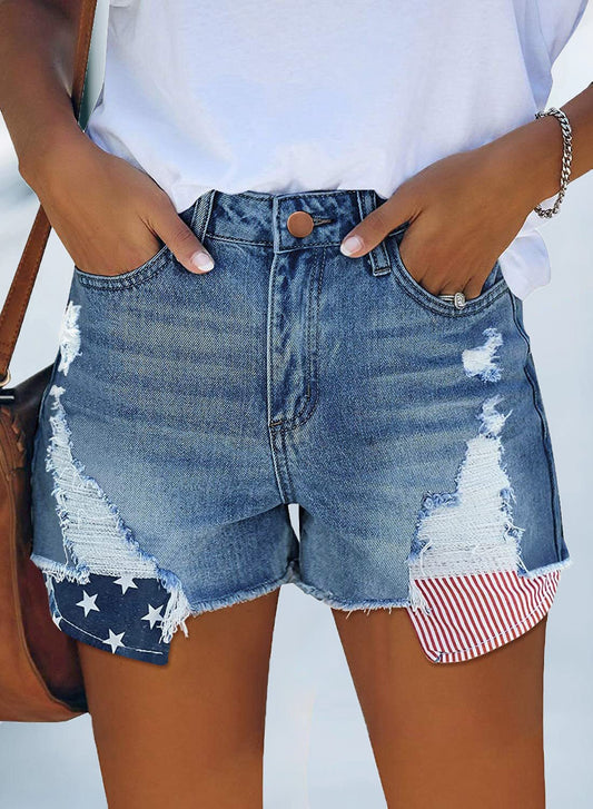 Women's Denim Shorts Pocket Star-Striped Fringed Denim Shorts - Denim Shorts - Instastyled | Online Fashion Free Shipping Clothing, Dresses, Tops, Shoes - 31/05/2022 - Bottoms - Color_Black