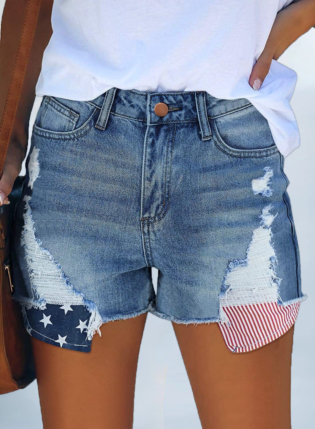 Women's Denim Shorts Pocket Star-Striped Fringed Denim Shorts - Denim Shorts - Instastyled | Online Fashion Free Shipping Clothing, Dresses, Tops, Shoes - 31/05/2022 - Bottoms - Color_Black