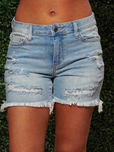Women's Denim Shorts Ripped Fringed High-Stretch Denim Shorts - Denim Shorts - Instastyled | Online Fashion Free Shipping Clothing, Dresses, Tops, Shoes - 20-30 - 24/02/2022 - Bottoms