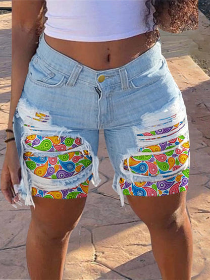 Women's Denim Shorts Shredded Printed Straight Denim Shorts - Denim Shorts - Instastyled | Online Fashion Free Shipping Clothing, Dresses, Tops, Shoes - 10/06/2022 - Bottoms - Color_Blue