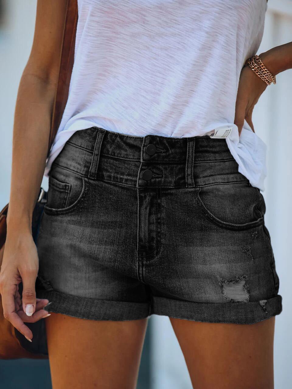 Women's Denim Shorts Shredded Rolled Stretch High Waist Denim Shorts - Denim Shorts - Instastyled | Online Fashion Free Shipping Clothing, Dresses, Tops, Shoes - 25/05/2022 - 30-40 - Bottoms