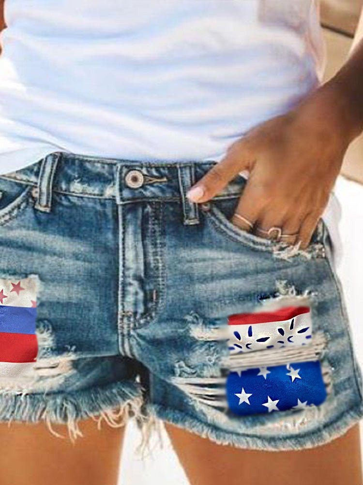 Women's Denim Shorts Star Stripe Ripped Fringed Denim Shorts - Denim Shorts - Instastyled | Online Fashion Free Shipping Clothing, Dresses, Tops, Shoes - 06/06/2022 - 30-40 - Bottoms