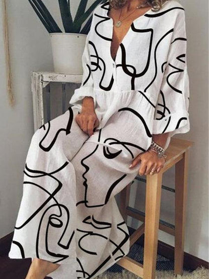 Women's Dresses Abstract Face Print V-Neck Long Sleeve Dress - Maxi Dresses - INS | Online Fashion Free Shipping Clothing, Dresses, Tops, Shoes - 06/09/2021 - 30-40 - Category_Maxi Dresses