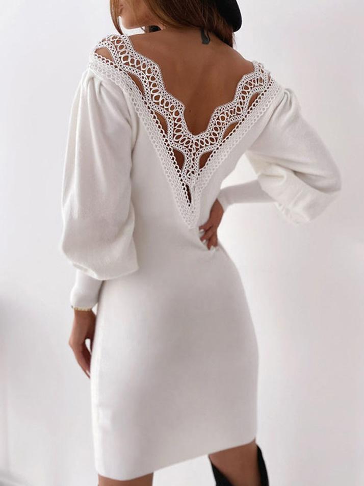 Women's Dresses Bare Back Hollow Lace Long Sleeve V-Neck Dress - Midi Dresses - INS | Online Fashion Free Shipping Clothing, Dresses, Tops, Shoes - 10-20 - 30/08/2021 - Category_Midi Dresses