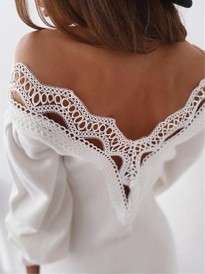 Women's Dresses Bare Back Hollow Lace Long Sleeve V-Neck Dress - Midi Dresses - INS | Online Fashion Free Shipping Clothing, Dresses, Tops, Shoes - 10-20 - 30/08/2021 - Category_Midi Dresses