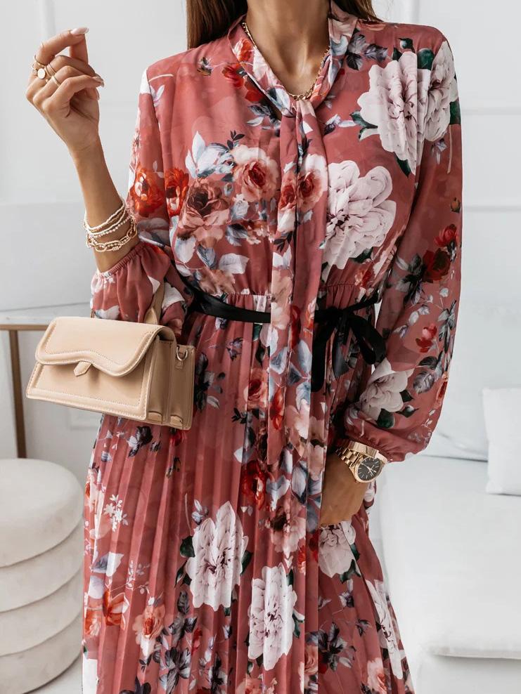 Women's Dresses Belted Chiffon Long Sleeve Floral Pleated Dress - Midi Dresses - INS | Online Fashion Free Shipping Clothing, Dresses, Tops, Shoes - 23/09/2021 - 30-40 - color-black