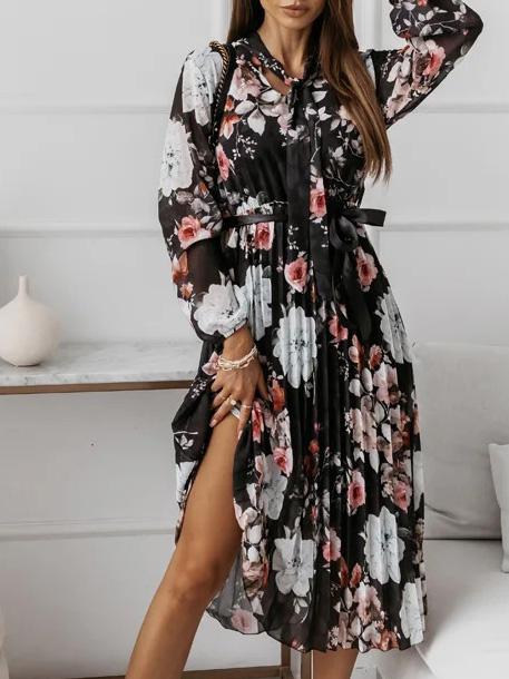 Women's Dresses Belted Chiffon Long Sleeve Floral Pleated Dress - Midi Dresses - INS | Online Fashion Free Shipping Clothing, Dresses, Tops, Shoes - 23/09/2021 - 30-40 - color-black