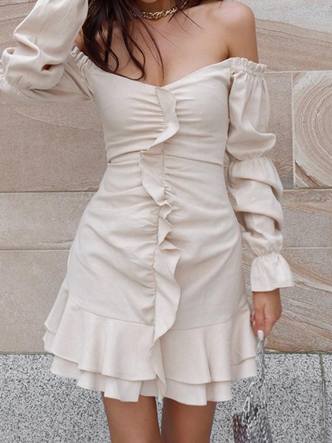 Women's Dresses Boat Neck Pleated Lantern Sleeve Mini Dress - Mini Dresses - INS | Online Fashion Free Shipping Clothing, Dresses, Tops, Shoes - 20-30 - 26/10/2021 - color-apricot