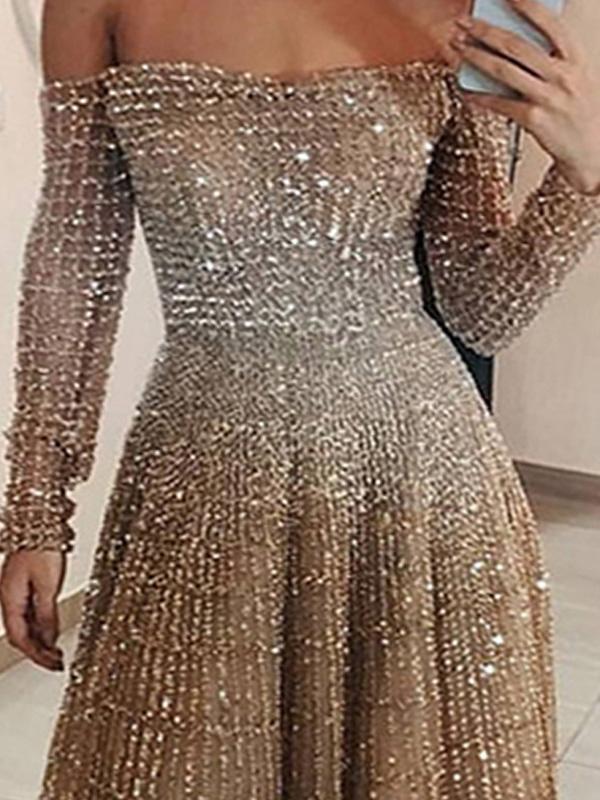 Women's Dresses Boat Neck Shiny Long Sleeve Party Dresses - Maxi Dresses - Instastyled | Online Fashion Free Shipping Clothing, Dresses, Tops, Shoes - 14/12/2021 - Color_Pink - DRE2112143079