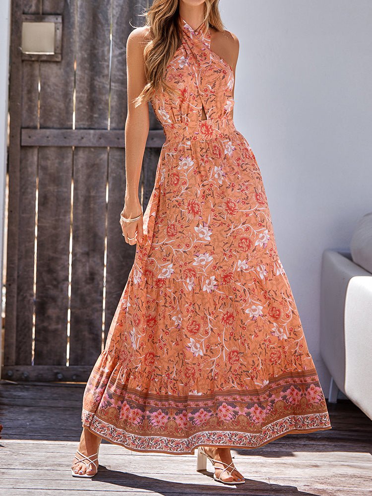 Maxi Dresses - Bohemia Style Printed Casual Halter Maxi Dress - MsDressly