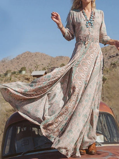 Women's Dresses Bohemian Belted Long Sleeve Slit Dress - Maxi Dresses - Instastyled | Online Fashion Free Shipping Clothing, Dresses, Tops, Shoes - 13/01/2022 - 30-40 - color-blue