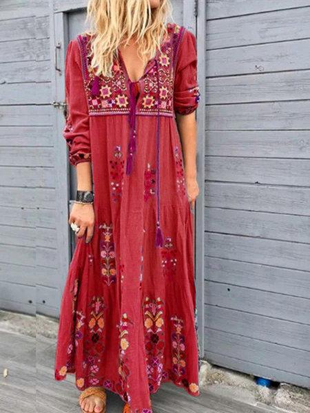 Women's Dresses Bohemian Drawstring Long Sleeve Dress - Maxi Dresses - INS | Online Fashion Free Shipping Clothing, Dresses, Tops, Shoes - 13/10/2021 - 30-40 - color-blue